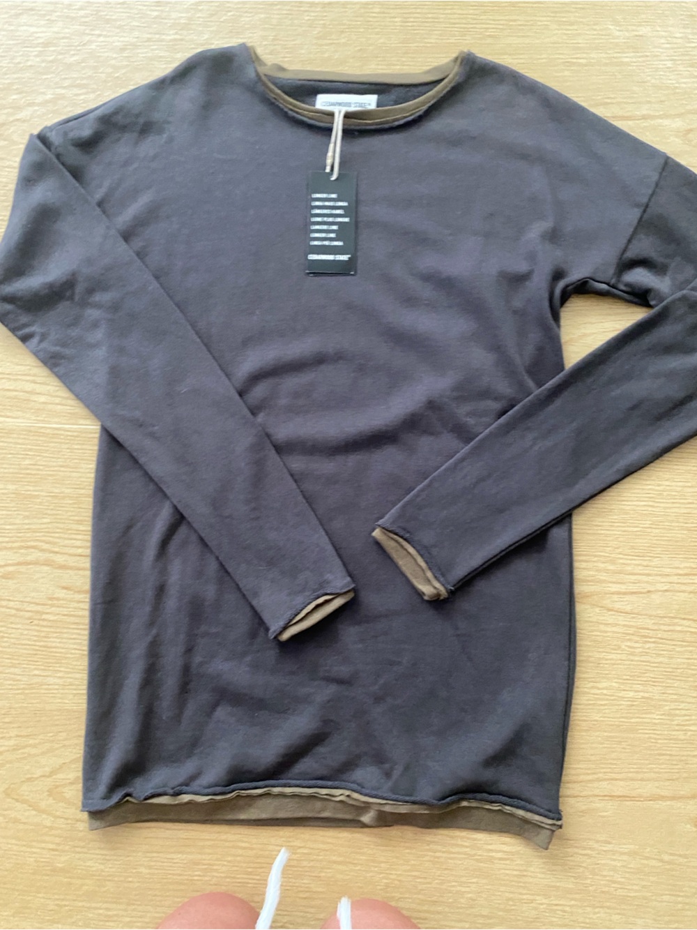 Men's Long-Sleeve Layered Hem Crewneck Shirt Grey with Olive Green Raw Hem Long